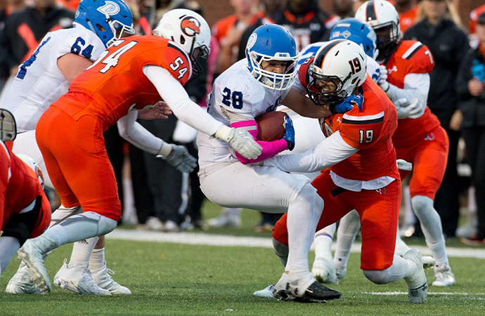 Campbell had 10 tackles for loss, including nine sacks, in its first-ever win against Drake, Saturday. (Photo by ScarboroughPhotography.com, courtesy Campbell Athletic Media Relations)